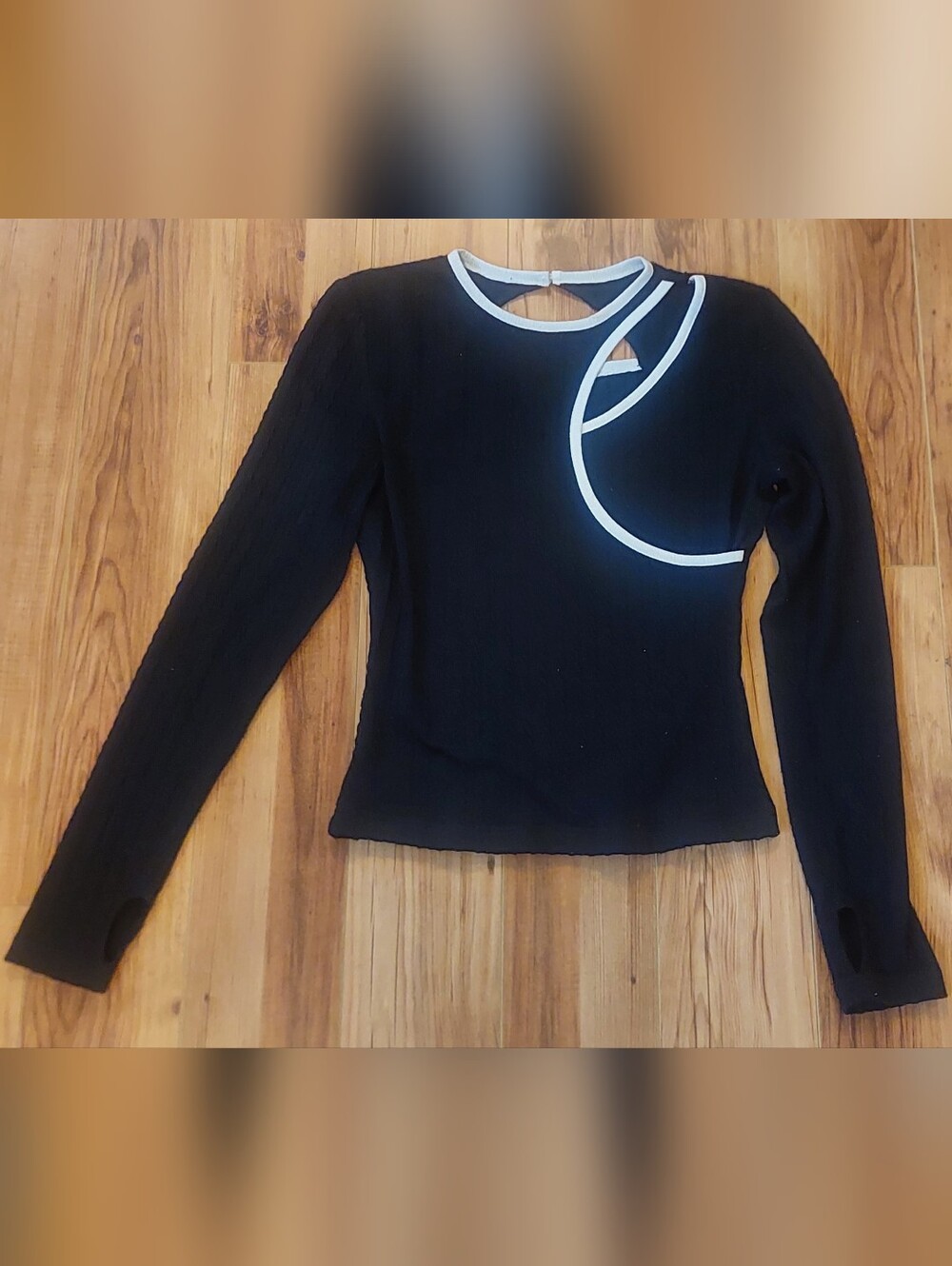 Petite Studio Black Long-Sleeve Cutout Top with White Trim